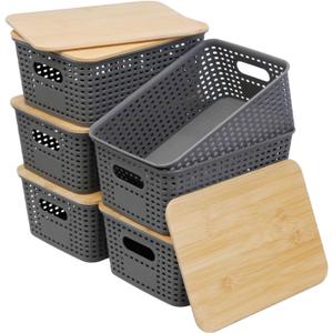 Soddeph Plastic Storage Baskets With Bamboo Lid for Organizing,Small Stackable Box Containers for Shelves, Drawers, Closet, Office, and Desktop (Gray, 6 Pack)