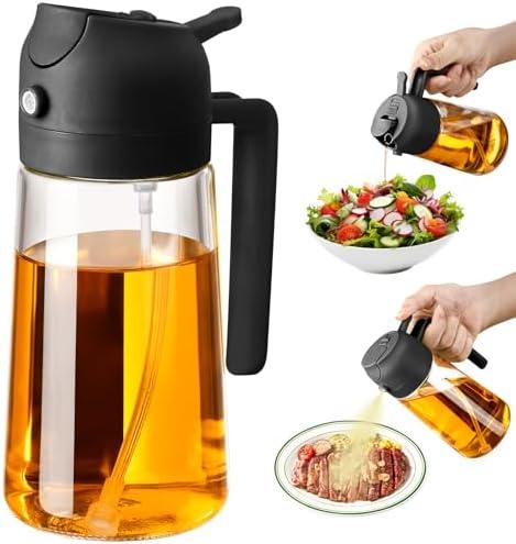 SWEET VIEW Olive Oil Sprayer for Cooking, 470ml 2 In 1 Glass Oil Dispenser/Pour Bottle, Kitchen Accessories, Kitchen Gadgets for Air Fryer, Salad, BBQ (Black)
