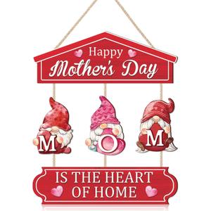 TOARTi Happy Mother's Day Wooden Sign Hanging(10.7x17.5),Mom Is The Heart Of Home Wall Decor With Cute Gnomes, Romantic Pink Heart Mothers Day Gifts for Mom Wife Grandma Woman