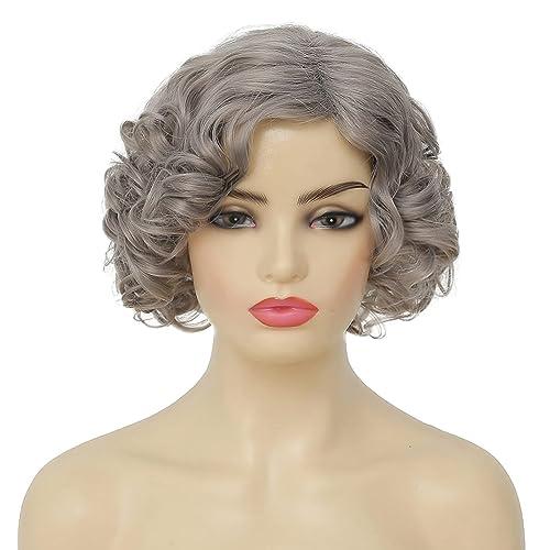 Amnenl Grey Short Curly Wig for Women Finger Wave Wigs Natural Heat Resistant Synthetic Hair for Daily Costume Party Halloween Wig