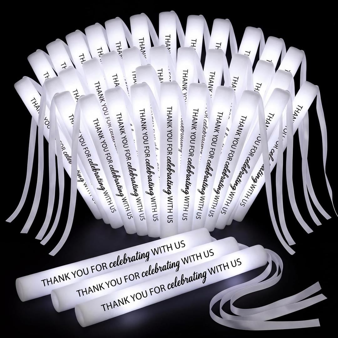JellyArch 100 Pack Wedding Glow Sticks LED Foam Light up Sticks with Ribbon