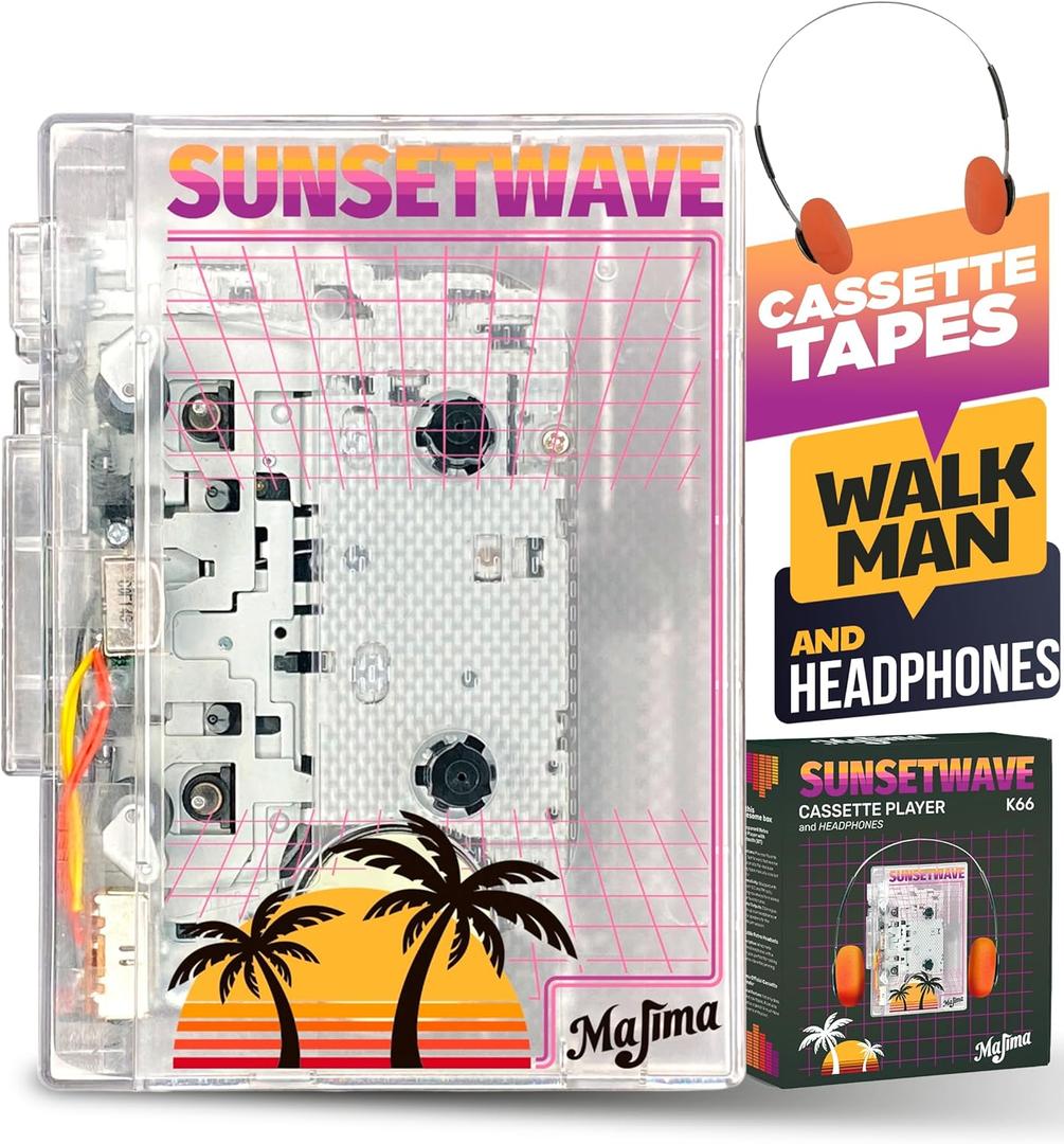 MAJIMA Bluetooth Cassette Player + FM Radio + Headphones Included + USB & AA Powered + Transparent Vintage Design  Retro Walkman Style Gift  SunsetWave Edition