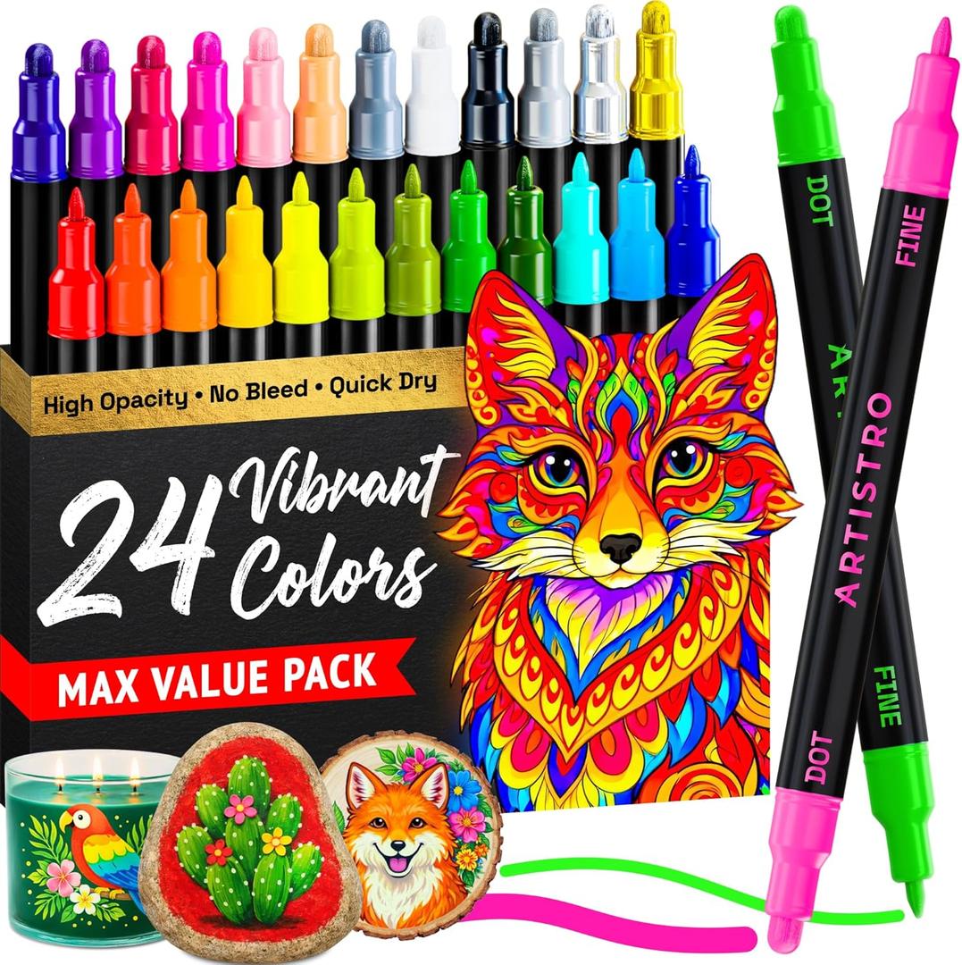 ARTISTRO 24 Precision Dual-Tip Acrylic Paint Markers Paint Pens Set with Dot & Fine Tips for Fabric, Rock, Glass, Wood, Coloring Books Classroom & Art Supplies Gift Teacher Appreciation Gift