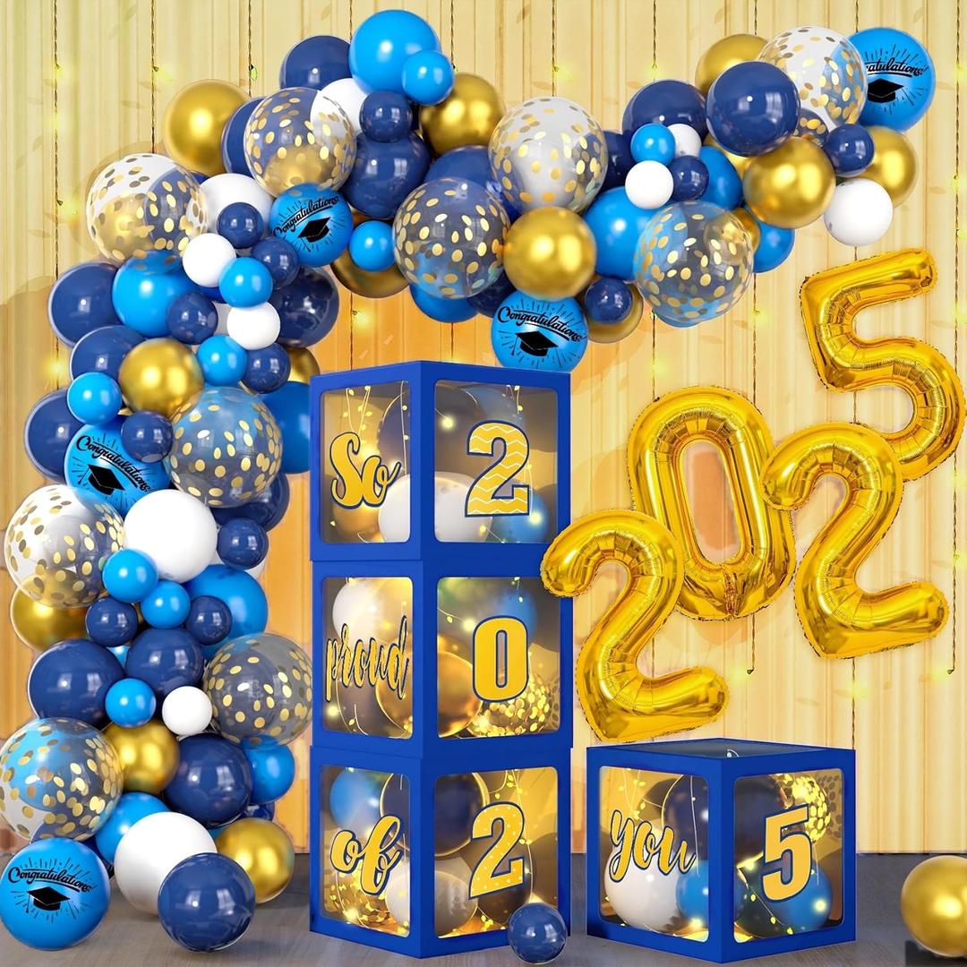 Amandir Graduation Party Decorations Class of 2025 Balloon Boxes, 141Pcs Blue and White Balloon Arch Garland Kit with Lights for College School So Proud of you 2025 Grade Party Supplies