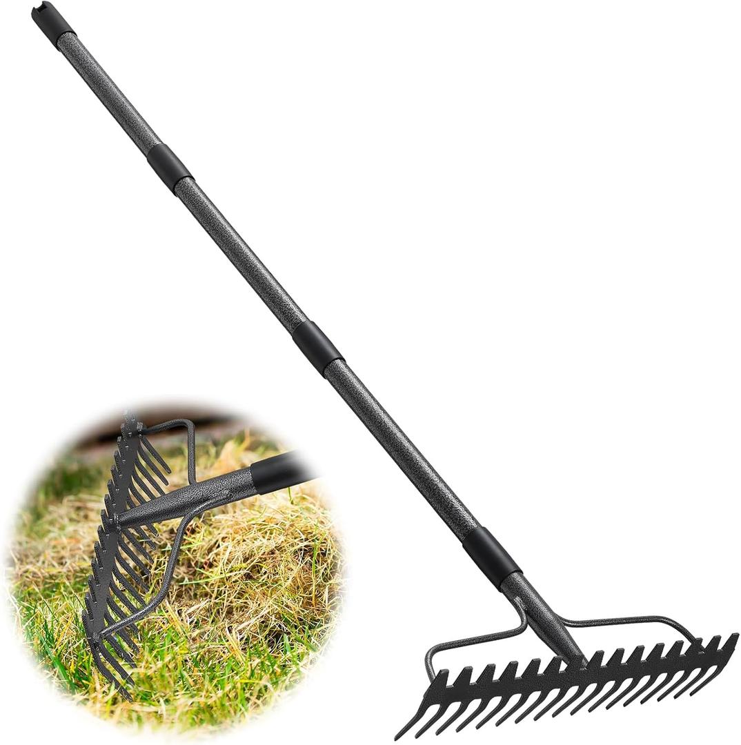 Rake, 17 Tines with 49 Inch Handle, 17 Inch Wide Heavy Duty Garden Thatch Leaf Rake for Raking Leaf Loosening Soil Gathering Mulch Leveling Rocks, Rustproof Metal Bow Rakes for Leaves Grass
