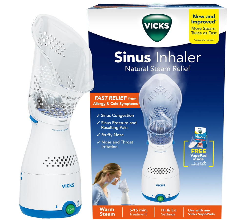 Vicks Sinus Inhaler, Plugin NonMedicated Steam Inhaler for Sinus Relief, Allergies, Congestion & Colds, Vocal Steamer, Soothes Nasal & Throat Passages, Works with VapoPads (1 Included)