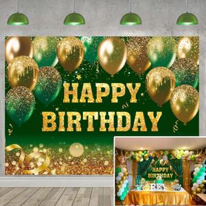 Green Gold Happy Birthday Backdrop Gold Green Glitter Bokeh Balloon Sequin Birthday Photography Background for Women Men Kids Party Decoration Banner (Green, 82x59 inch (7x5FT))