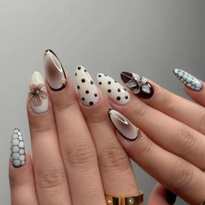 Medium Almond Fake Nails Polka Dots Crocodile Skin Press on Nails 3D Flower Pearl Stick on Nails Full Cover False Nails Daily Party Glue on Nails for Women Decorations 24Pcs