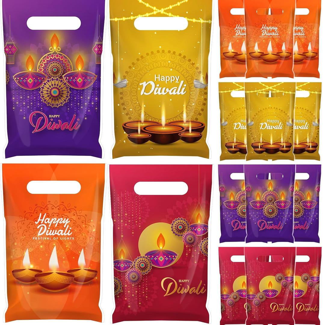 Gilprop 48 Pcs Diwali Gift Bags with Handle Happy Diwali Plastic Party Favor Bags Festival of Lights Goody Treat Candy Pouches for Indian Deepavali Celebration Party Supplies