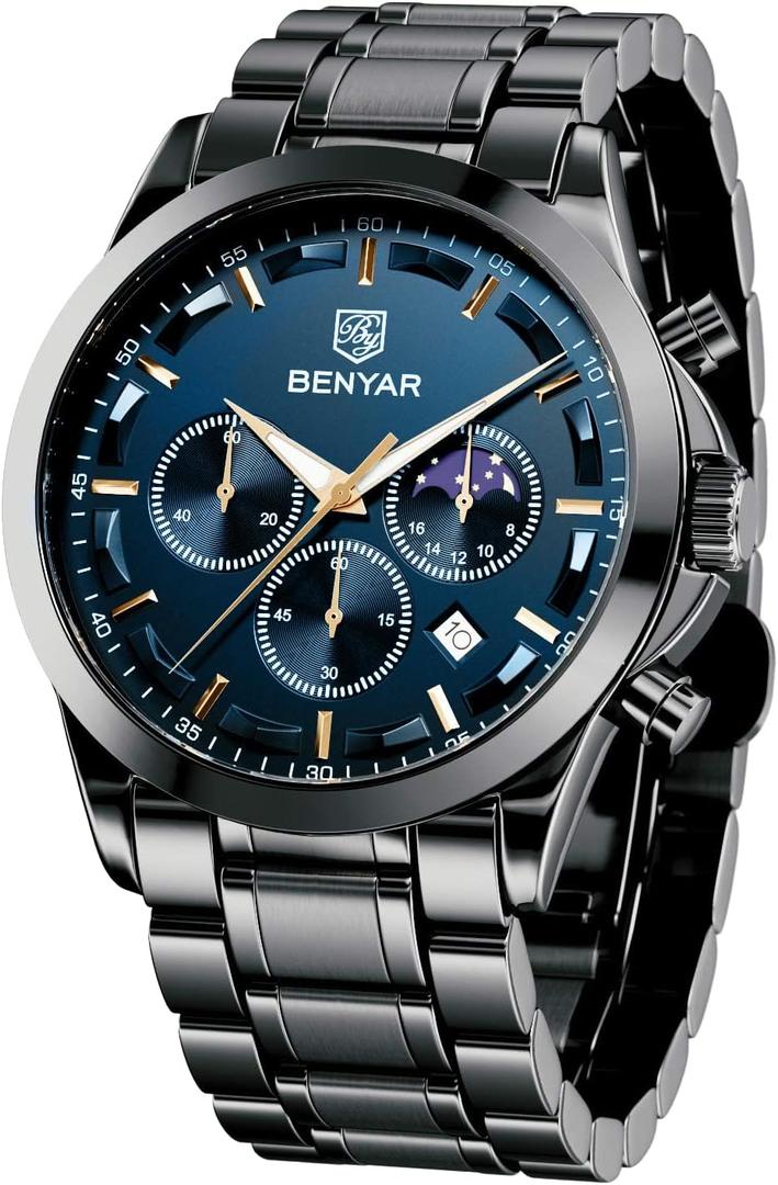 BY BENYAR Mens Watches Analog Quartz Chronograph Waterproof Wrist Watches for Men Fashion Business Work Casual Sport Designer Dress Watch with Calendar Elegant Gifts for Men (Black and Blue-A)