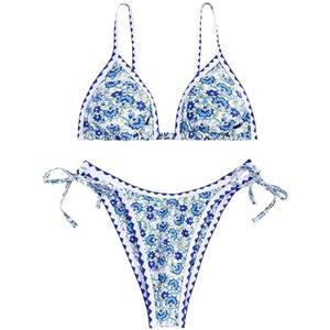 ZAFUL Women's Swimsuits Boho Floral Print String Thong Bikini Set Sexy High Cut Swimwear Bathing Suit, Medium