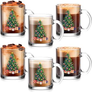 Maxcheck 6 Pack 12 oz Christmas Tree Xmas Coffee Mugs Glass Cups Gifts Bulk Holiday Clear Drinking Glasses with Handle for Christmas Party Supplies Decorations