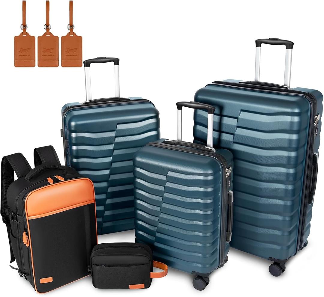 5-Piece Lightweight Luggage with Backpack Sets, ABS+PC Hard Shell Suitcase with TSA Lock & YKK Zipper (Teal Blue, 20in/24in/28in/BP/TB)