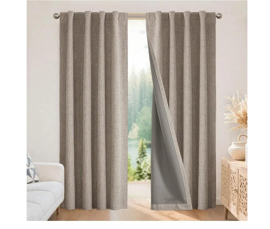 Joydeco Blackout Curtains for Bedroom - Nature Linen 84 Inch Long 100% Light Blocking 2 Panels Set, Rod Pocket & Back Tabs Living Room Drapes, Thermal Insulated Room Darkening Window Curtains