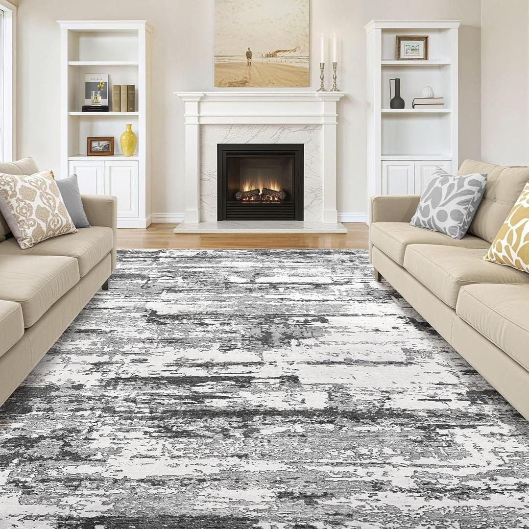 Area Rugs for Living Room: 7x10 Abstract Washable Rug Modern Neutral Large Soft Stain Resistant Non-Slip Backing Machine Table for Bedroom Dining Room Indoor Home Office Carpet - Black Grey