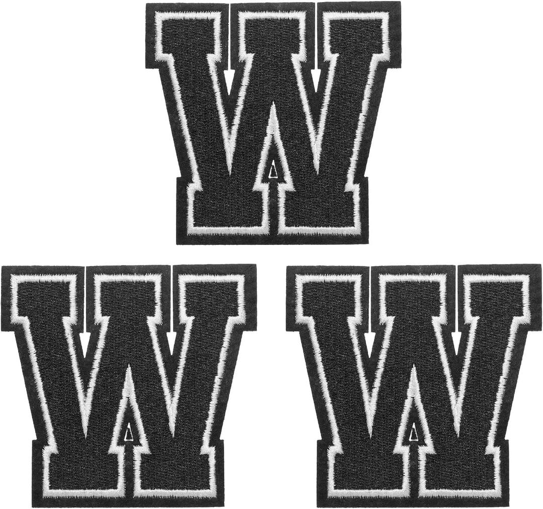 PATIKIL Iron on Letter Patches, 3 Pack Chenille Letter Patches Embroidered Patch for Repairing Jeans Clothing Bags Hats Shirts Craft, Black Alphabet W