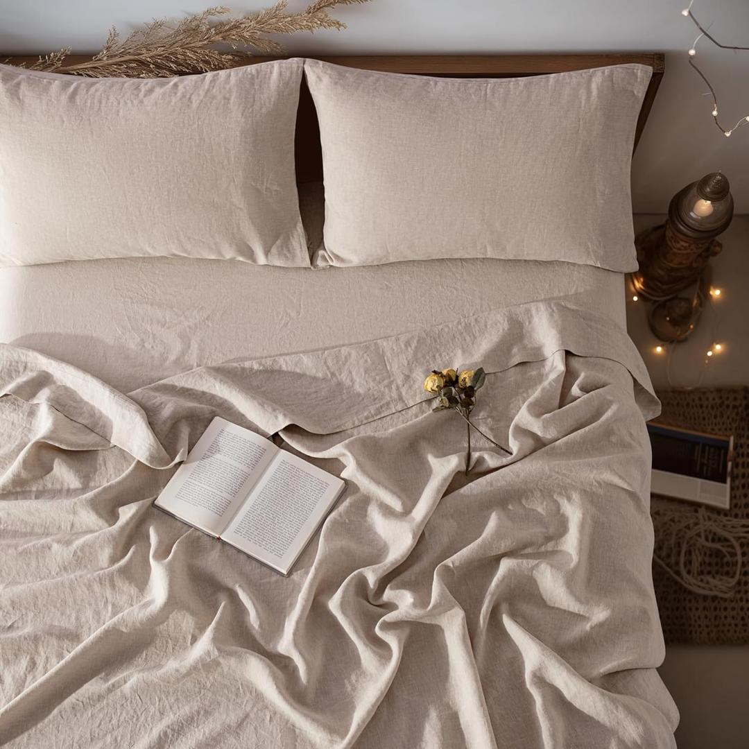 LBRO2M 100% Pure Linen Sheet Set Deep Pocket Up to 16" Bed Sheets Sets, Natural Flax Beddings Soft, Breathable, Comfortable for All Seasons 4 Pcs Sheet Set King Size, Linen Color