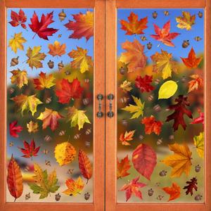CCINEE 216pcs Maple Window Clings 6 Sheets Fall Leaves Assorted Maple Oak Leaves Acorns Window Stickers for Autumn Thanksgiving Halloween Seasonal Holiday Glass Window Decorations