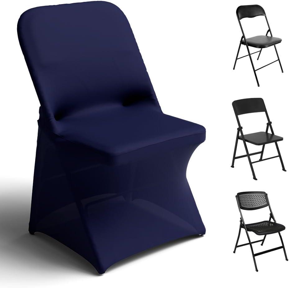Trlyc Spandex Folding Chair Covers 50 Pcs Universal Fitted Stretchy Dining Chair Slipcovers for Wedding Party Banquet Flat-Front Chair Cover (Navy Blue)