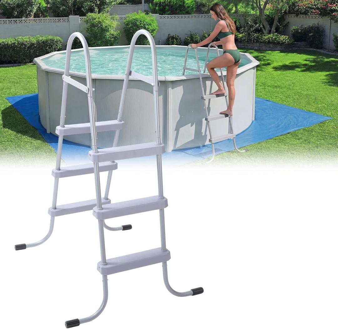 Threlaco 42 Inch Above Ground Pool Ladder 3 Step Steel Frame Swimming Pool Entry Exit Ladder Non Slip Metal Frame Steps, Weight Capacity 300lbs(Grey)