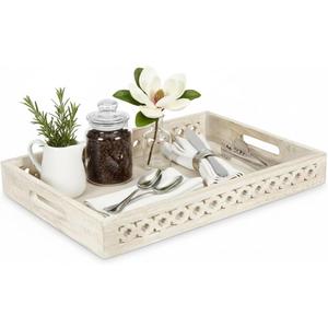 Mela Artisans Whitewash Wooden Decorative Tray with Handles | 16x12x2.5 Mango Wood Ottoman Tray | for Kitchen Countertop | Coffee Table | Snacks | Desserts | Breads | Bedroom Decor
