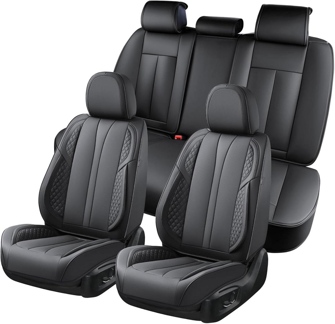 KEYOOG 5-Seater Car Seat Covers Full Set Waterproof and Breathable Nappa Leather, Fit for Front and Rear Seats of Cars, Compatible with Airbags, Car Seat Protector Covers for Most Cars - Pure Black