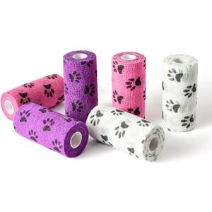 WePet Pet Wrap, Self-Adhesive, Only Sticks to Itself, Non-Woven Tape for Dog Legs, Paws, Wounds, First Aid Cohesive Gauze for Horse, Cat, Bird, Animal, 6 Rolls, 4 Inch, Pawprints B (Pawprints B, 2 of Each Color)