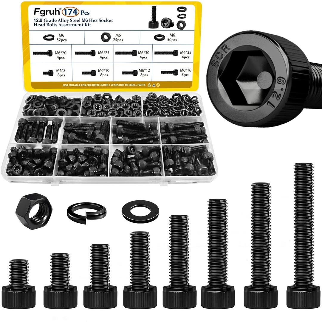 174PCS M6 Screws with Nuts Assortment Kit - M6x8/10/12/16/20/25/30/35 mm Hex Socket Head Cap Bolts with Nuts & Washers Assorted Set - 12.9 Alloy Steel Black Zinc Plated Anti-Rust Hardware Set