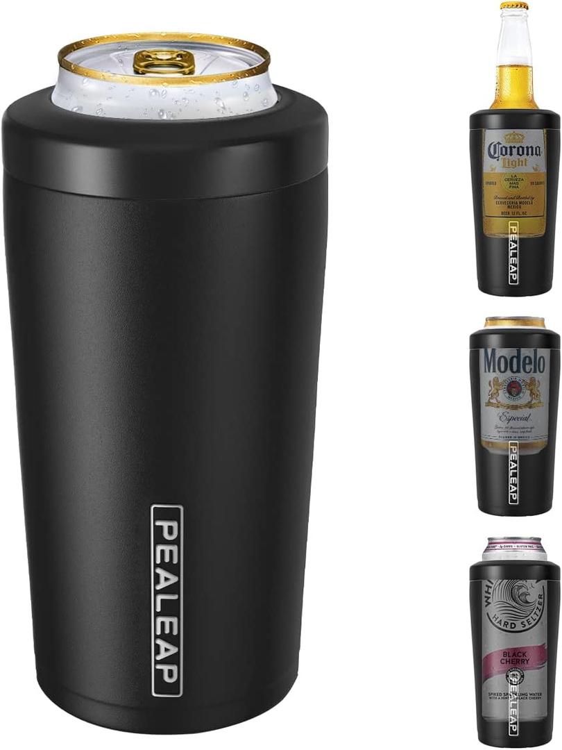 4 in 1 Insulated Slim Can Cooler for 12 OZ Cans and Beer Bottle - Keep 8 Hours Cold, Easy to Hold - Stainless Steel Can Holder, Double Walled Can Insulator for Hard Seltzer and Etc. (Black)