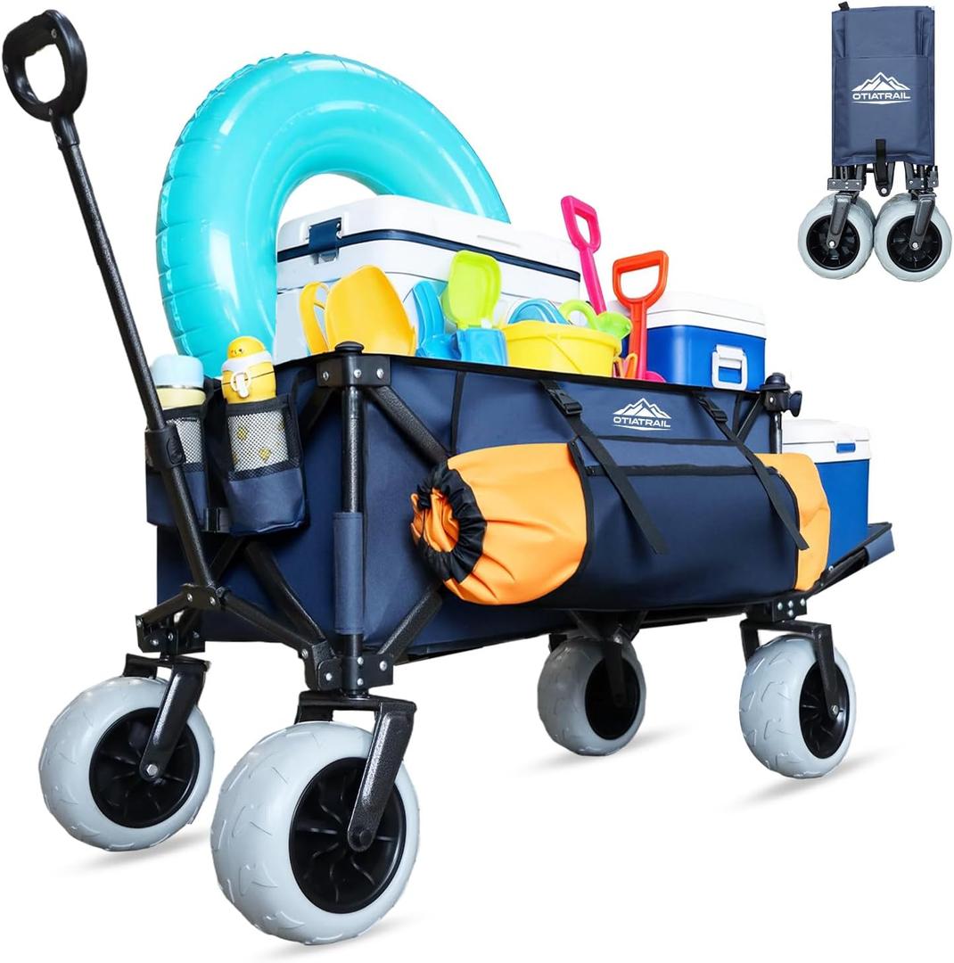 Beach Wagon, Big All-Terrain 9"x4" PU Wheels for Sand, 200L Large Capacity & 330lbs Heavy Duty, Collapsible Utility Wagon with Extended Tailgate for Beach Camping Outdoors