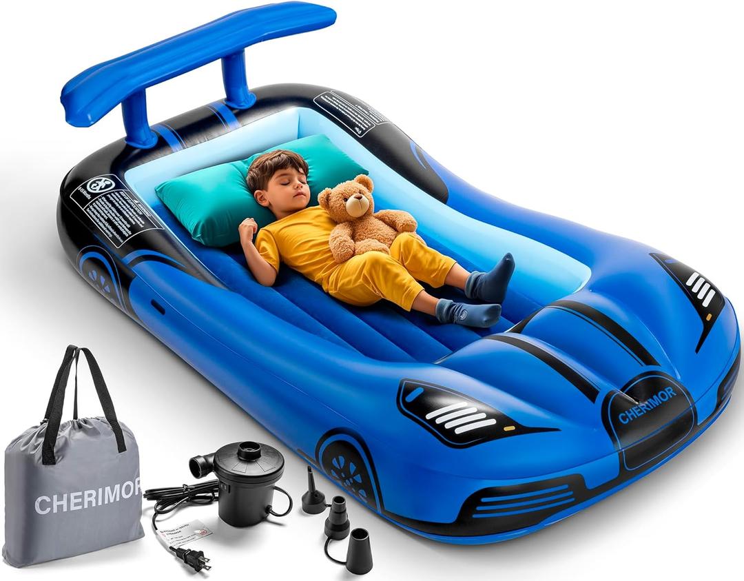 CHERIMOR Inflatable Toddler Travel Bed with Safety Bumpers & 2 Mins Auto Inflation Pump, Portable Toddler Kids Air Mattress with Carry Bag for Home Grandma's Sleepovers Travel Camping, 330lbs Support (Blue)