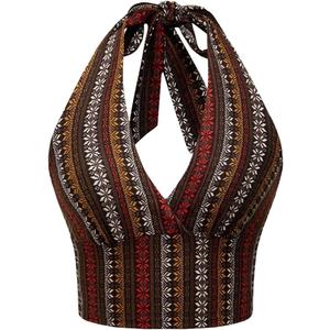 SOLY HUX Women's Boho Summer Halter Crop Tops Sleeveless Backless Tank Top Casual Sexy Going Out Tops (Medium, Brown Printed)