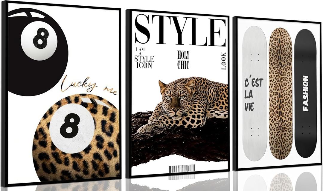 3Pcs Trendy Leopard Wall Art Preppy Aesthetic Stylish Leopard Painting Picture Wall Decor Funky Lucky 8 Ball Cheetah Poster Print Artwork for Bedroom Living Room Bathroom Home Decoration Unframed (16"L x 12"W)