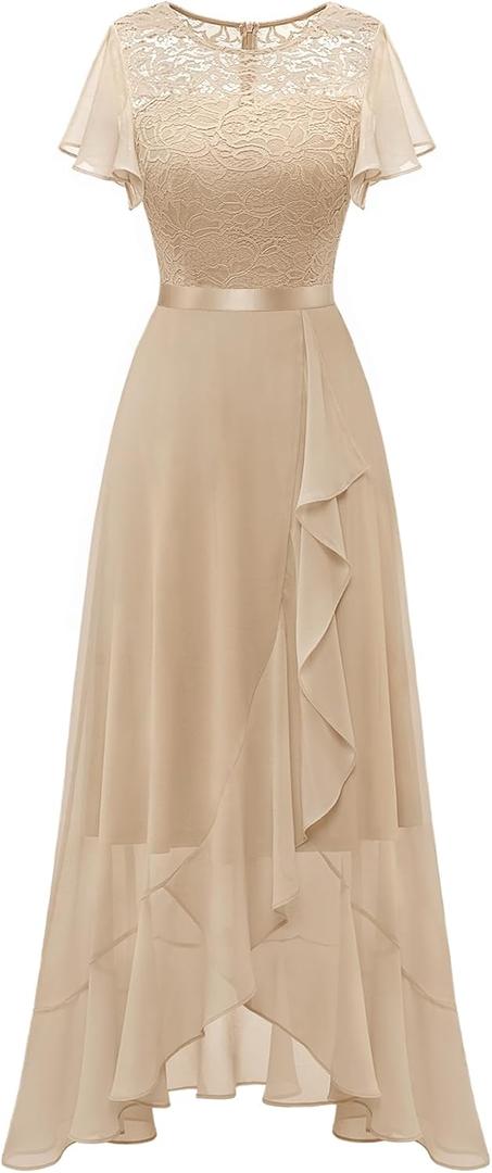 BeryLove Formal Dresses for Women Wedding Guest Ruffle Short Sleeve Elegant Cocktail Bridesmaid Party Prom Homecoming Dress High Waist Lace Long Evening Gown 51 Champagne Small