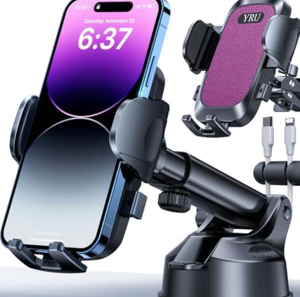 YRU [True Upgrade for Safety] Car Phone Holder Mount [Patent & Military-Grade] Dashboard Cell Phone Holder for Car Vent Windshield Phone Stand for iPhone 17 16 15 14 13 Pro Max Truck Samsung, Purple