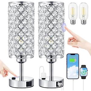 Crystal Lamp Touch Control  Sliver Crystal Table Lamps with USB C+A Ports & AC Outlet, 3-Way Dimmable Nightstand Touch Lamp, Modern Bedside Table Lamp for Bedroom