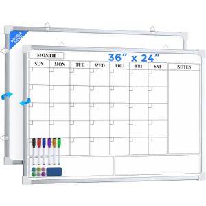 MaxGear Double Sided Magnetic Dry Erase Board Calendar, 36" x 24" | Aluminum Frame Whiteboard for Wall, Double-sided, Monthly Planner, 6 Markers & 6 Magnets included, Portable for Home, Office