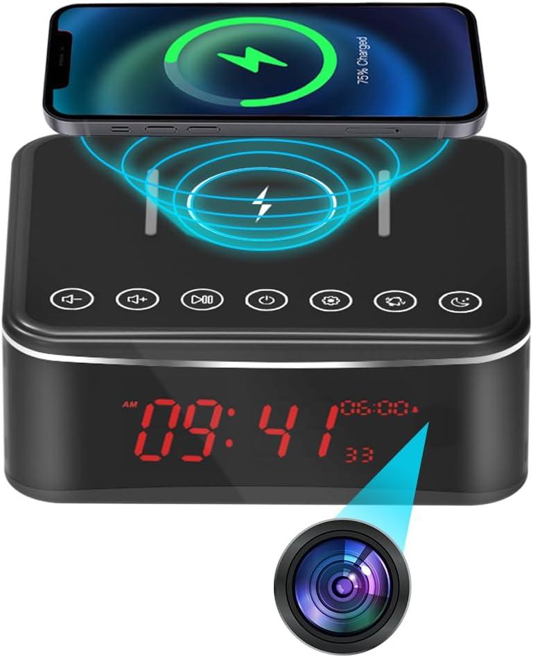 Hidden Camera Motion Activated/Stronger Night Vision/160View Angle/HD 1080P,Indoor WiFi Camera with Bluetooth Speaker,Alarm Clock,Wireless/Wire Charger(2.4/5Ghz)