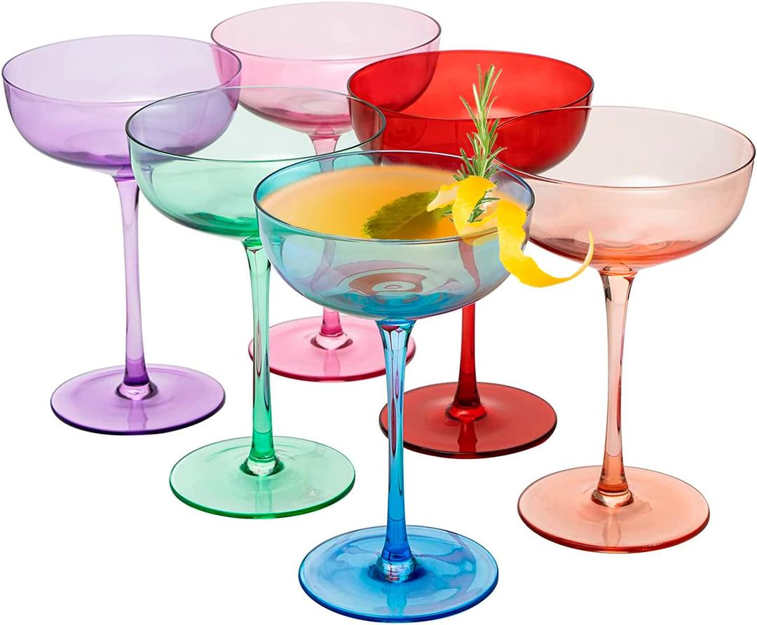 Colored Coupe Glasses - Martini , Cocktail & Champagne Glasses 7oz | Set of 6 | Cute & Colorful Pastel Colored Crystal Cocktail Glassware , Fun Classic Goblet Cocktails Glass, Stemmed Ripple Glassware