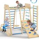 Upgraded Indoor Playground 9-in-1 Jungle Gym Kids Climbing Toys, Montessori Philosophy Waldorf Style Wooden Climber Playset with Slide, Swing, Monkey Bars, Upright/Rope Ladder, Climb Net, Blue