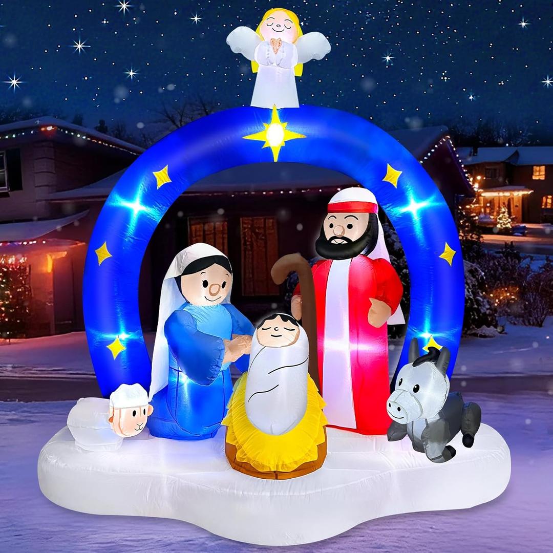 7 FT Tall Christmas Inflatables Nativity Scene with Angel Archway Outdoor Decorations, Blow Up Nativity Set LED Lighted The Birth of Jesus Scene Christmas Outdoor Inflatable Decor for Yard Garden