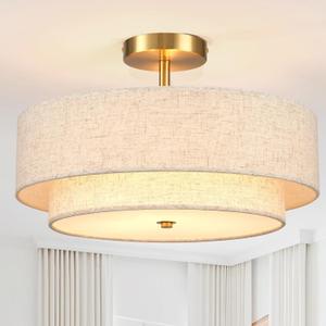 16.5 inch Semi Flush Mount Ceiling Light with Natural Linen Shade, 3-Light UL Listed Fixture with E26 Socket (No Bulb Included) for Bedroom, Kitchen, Living Room