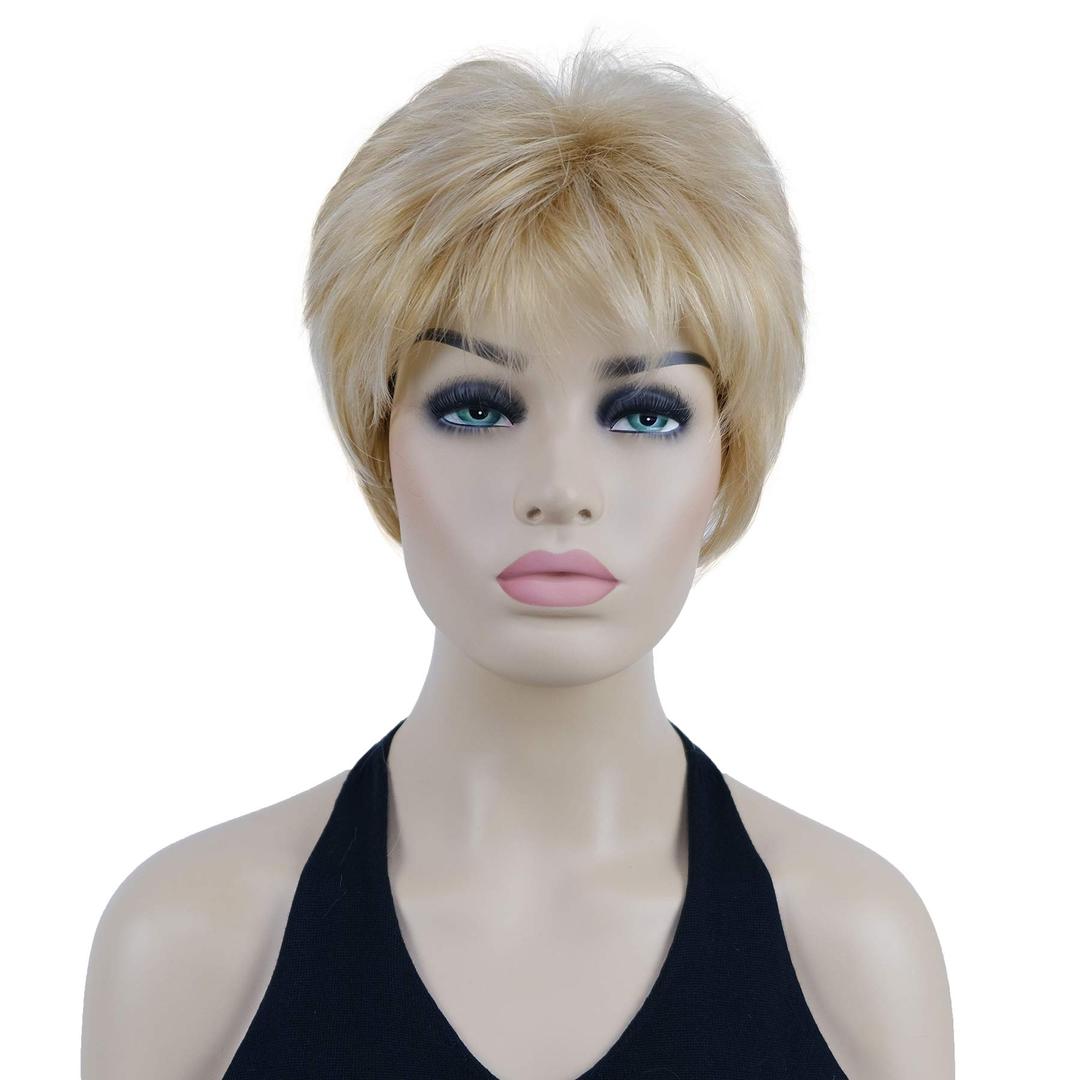 Lydell 6" Short Straight Layered Shaggy Full Synthetic Wig Classic Cap (24H613 Blonde Highlights)