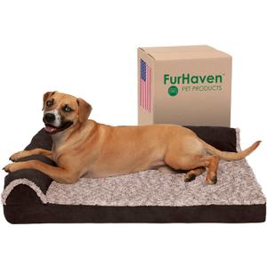 Furhaven Cooling Gel Dog Bed for Large/Medium Dogs w/ Removable Bolsters & Washable Cover, For Dogs Up to 55 lbs - Two-Tone Plush Faux Fur & Suede L Shaped Chaise - Espresso, Large