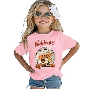 GLIGLITTR Girls Halloween Shirt Nightmare on Main Street Pumpkin Bat Tshirt Spooky Season Short Sleeve Tops Kids Fall Outfits(Pink, 8-9Years)
