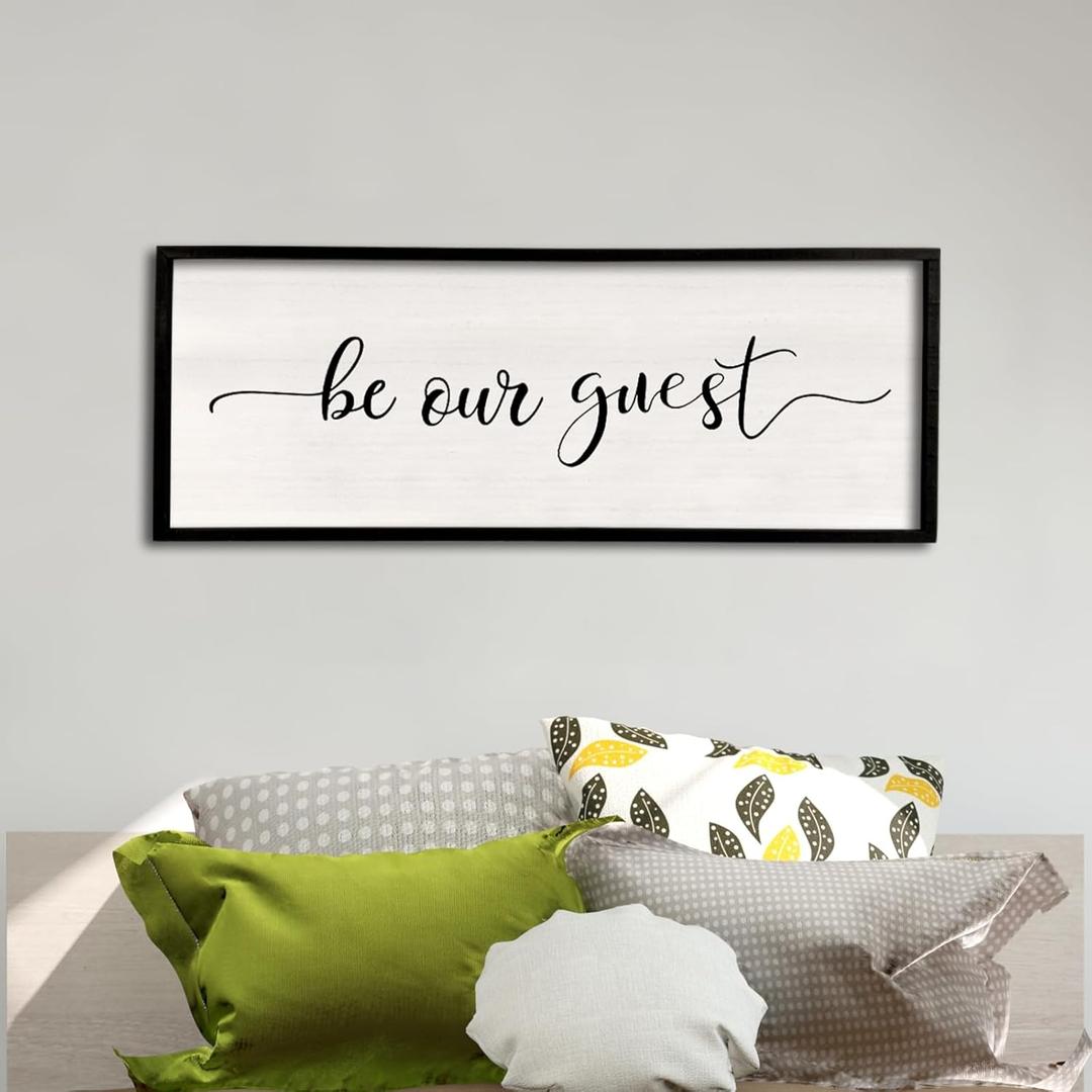 comurdyo Be Our Guest Wall Decor Sign 40X15 Large Master Bedroom Above Bed Wall Decor Wood Framed Guest Room Sign Simple Rustic Farmhouse Over Bed Bedside Wall Art (Black)