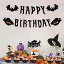 3 x Halloween Birthday Banner and Cake Hat, Halloween Horror Theme Birthday Party Decorations Supplies, Black Glittery Horror Banner Used for Party Decorations