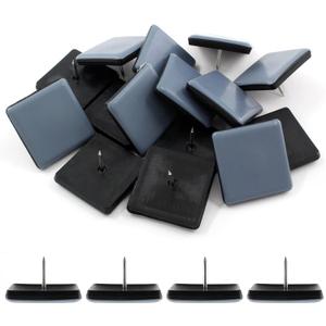16pcs 1-1/2" (38mm) Nail on Furniture Sliders, Square Teflon Chair Feet Glides, Furniture Feet Glides Chair Leg Floor Protectors, Moving Sliders for Carpet, Cupboard (Grey, Black)