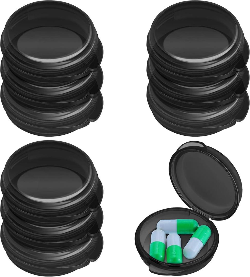 Patelai Small Pill Case Travel Pill Container Clear Mini Organizer Box Round Black Medicine Case Holder for Pocket Purse Briefcase Travel Medicine Cod Liver Oil Storage(10 Pack)
