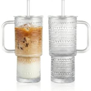 20 oz Glass Tumbler with Lid and Straw, Glass Iced Coffee Cups, Spill-proof Glasses Tumbler with Handle, Glasses Drinking Set of 2, Vintage Glassware for Cocktail, Juice, Smoothies